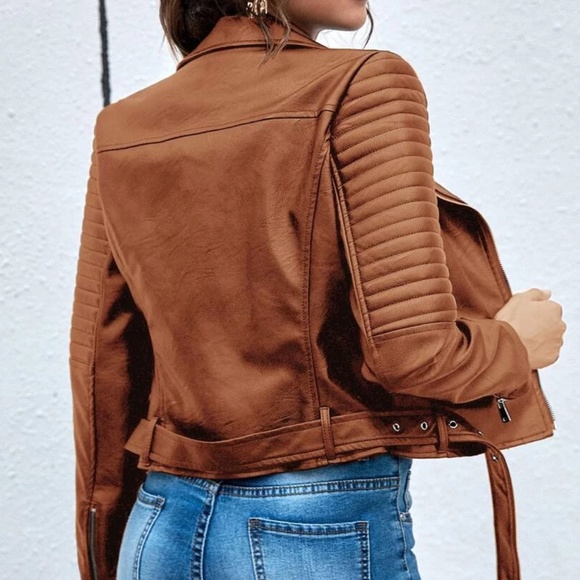 Luxe Vegan Leather Moto Biker Zipper Jacket - Picture 7 of 8